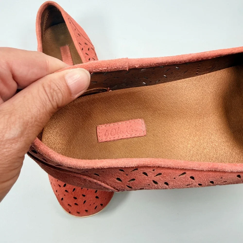 Olukai Womens 8 Momi Coral Rose Suede Laser Cut Perforated Loafers Flats Coastal